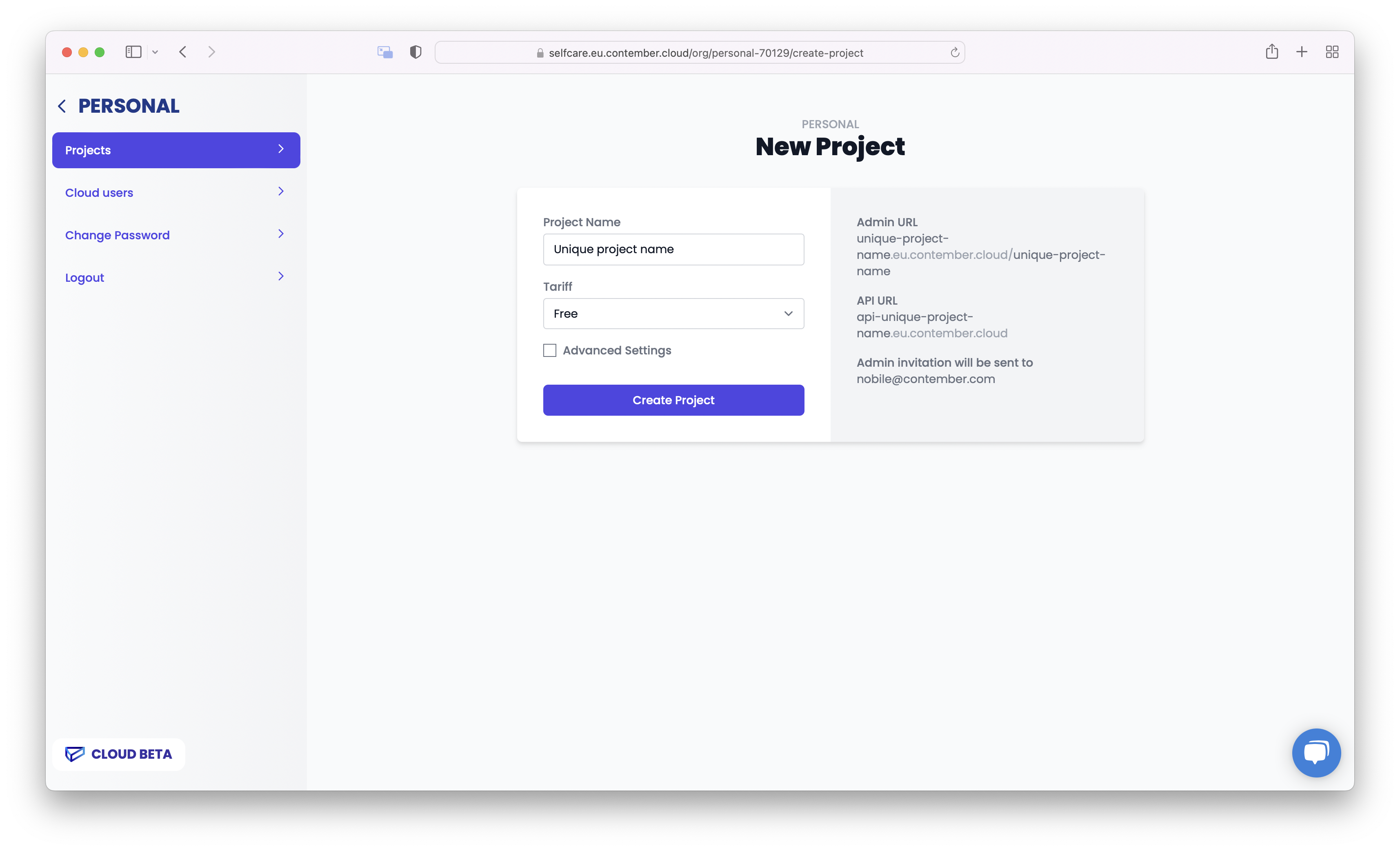 Contember Cloud: create project